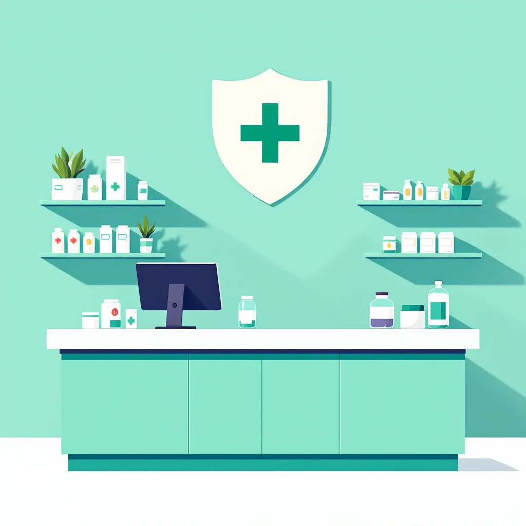 Illustration d'un comptoir de pharmacie avec médicaments